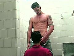 While in a public restroom this guy ends up meeting two guys. He eats their asses and then gets drilled hard by both of them.