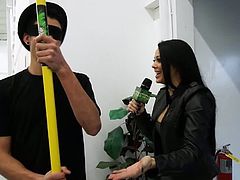 Hot brunette gets dildoed in a most unusual way in this awesome free porn video provided by PlayBoy. She's ready to let her man use a pole with a dildo to make her cum!
