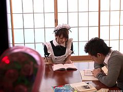 Be part of this reality video where a Japanese maid, with a nice butt wearing her uniform, sucks a big rocket and moans like a slut.