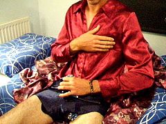 Cumming over red satin blouse in blue disco shorts