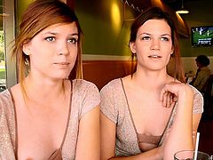 Brunette cuties Raylene and Romi are lesbian lovers. They give an interview at a cafe and make out passionately in the end.