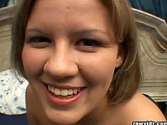 Claire James is a teen cutie who plays with an old man's dong. She lays on her tummy on the bed and sucks on his dick, looking up to him and smiling like a good girl.