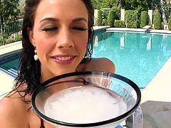 The horny babe Chanel Preston gets her pretty face covered with hot cum after deepthroating a huge cock and licking the guy's balls.