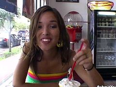 Gorgeous amateur with long hair in a sexy shorts giving a fantastic blowjob then licks ball passionately before getting drilled missionary