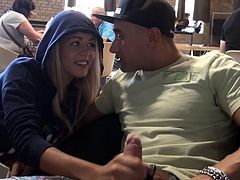 Check out this cute teen, she's up to no good and damn is her bf lucky. She's in a coffee shop with her guy and wants his cock so she shamelessly goes for it. As everyone minds their own business, the chick begins to jerk him and then opens wide and swallows his entire dick. What a naughty little girl!