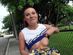 This hottie came over to my place to show me some of her cheerleader moves, but soon things got hot and heavy. She took me to a secluded spot behind the house and pulled my cock out so that she could give me and amazing blowjob. We head inside and she masturbates for me.