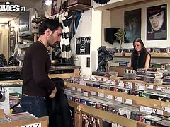 Cute German amateur girl gets her tight asshole fucked hard in a record shop by two horny guys!