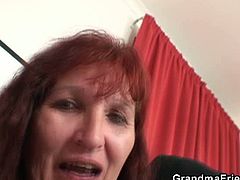 These two guys made sure this old redhead would lose at poker and end up taking their cocks. She played along and got banged from both ends at the same time.
