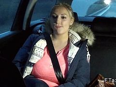 Amateur wanks with huge tits in fake taxi