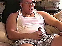 Solo chubby straight amateur tugging his dick at home alone