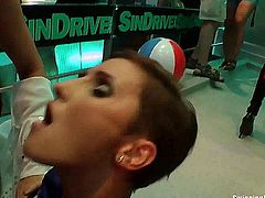 Trashy party lesbians touching their hot bodies with lust and licking their slick pussies in a club