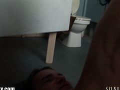 Horny prick hides in the bathroom for some peeping action but not long after tattooed Mason Moore walks in to use the toilet