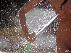 We can clearly say that Gina doesn't need a hose and water to get wet but today she wants to have some good old clean fun! The superb teen plays with a hose and gets soaking wet so she looses her clothes and continues the fun. That's fucking hot, a soaking wet naked babe that wants to have fun!
