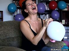Kinky slut for your extremes satisfaction. This teaser surely has smooth pussy ready for anything  to satisfy us in every way.Brunette slut teasing while blowing balloons.