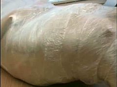 Big boob Indian wrapped up in clingfilm