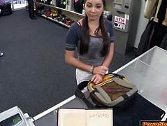 Teen Carly shakes her tits and ass infront of pawnshop owner