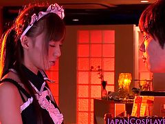 Adorable Japanese schoolgirl Misaki Ayuzawa dresses up as an innocent maid to please her boyfriend. She immediately removes his pants to reveal his dick for her to lick and blow.