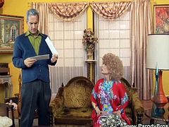 Granny and her old man having a great sloppy blowjob as they parody some famous TV show. Watch her lovely mouth filled in with a huge hard cock until he cums.