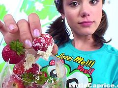 Cute teen Caprice is looking super sexy today in her panties and socks. She shows off her perky nipples and small boobs and sucks on her fingers seductively. Watch as she has a taste of strawberries with whipped cream and sprays the tasty dessert on her nubile boobs.