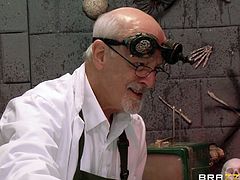 This mad scientist doctor has done some operations and made a lovely, beautiful woman, with the help of his medical helper. The lady on the operating table is a blowjob fiend and as soon, as she is brought to life, she starts to suck the doctor, and kiss the helper.