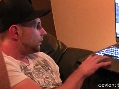Straight guy chilling out in his couch and feeling his bulge as he is watching a straight porn when suddenly a stud caught him and suggesting to help him suck his cock.