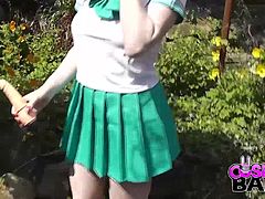 This naughty transfer student in Japan has skipped class, and now is enjoying the sunshine outside! In her naughty Japanese uniform Jensen cannot contain herself and has to play with herself outside in the bushes.