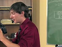 Andy Kay and Atlanta Grey are playing the student-teacher roles. A blonde nerdy face that feeds on teacher's erect cock is always a good combination for man on man.