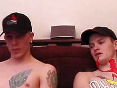 Straight amateur twink duo masturbating