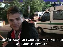 This good looking jock needs money desperately and luckily found this Czech gay hunter looking for a quick fix into his cock by paying him a lot of money to make him naked in the public shower and suck his cock.