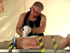 Restrained hung boy Jake gets his dick shaved and drained of a hot cum load