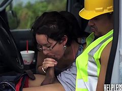 A shy teen's car breaks down and she's desperate for help! A construction worker on his lunch break will help her as long, as she's willing to please him! She's inexperienced, but is stranded and needs his help. After he sticks his cock in her mouth, he leans her up against the van and fucks her hard from behind.