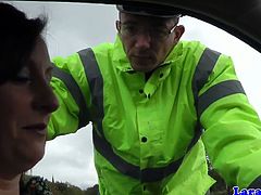 Policeman must be lucky having caught this MILF as she is ready to give anything to get out of the ticket and he proposes a quick fuck in her house pumping that fat dick into her hungry cunt.