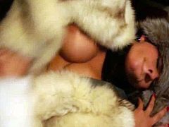 Dutch brunette in fur coat having fun