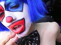 Picking up a lusty hitchhiker can be a thrilling exciting adventure, especially when the lady is dressed up and face painted like a clown. The naughty teen takes off her blue wig and shows her lovely long blonde hair and small tits. Click to see slutty Mikayla, sucking cock and getting fucked from behind...