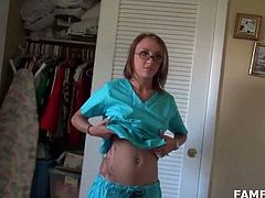 Blondie in glasses showing hot tits blows hard dick in POV