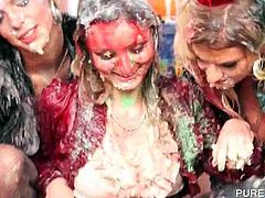 Fancy lesbians having a party with wet and messy sex games