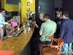 Checkout this cute blonde teen selling flowers in the bar, but these young guys are more interseted in her pussy.See how all of these dudes fucks her and cums on her silly face!