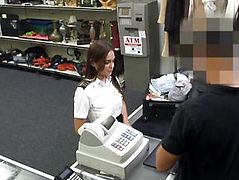 Stewardess pawns her stuff and pounded by pervert pawn man
