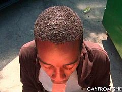 Afro teen gay in sunglasses eating white hard shaft in POV