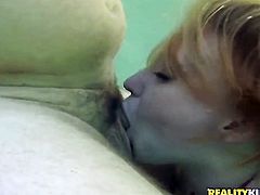 Redhead with round booty has fire in her eyes as she gets her throat fucked by her bang buddy