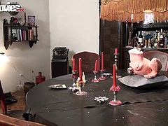 The hot BBW maid bends over the table and takes a hard cock in her tight ass.