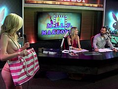 Playboy's radio Morning Show is a very hot show and with cameras in the studio, so subscribers can see the action, it is not surprising that the show does so well. Today's show is about milf makeovers and the guests are very beautiful indeed. One brought a bag of vibrators. Watch what comes next!