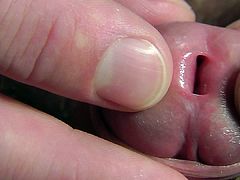 slow mo cumshot of very close up uncut cock cumming