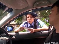 This naughty slut pulls over a driver and when she looks inside the cab, she sees a hunk that she wants to have sex with. Watch as she laughs while teasing him. She will write him up with a ticket, if he does not do as she says.