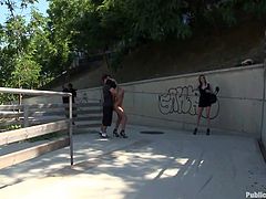 It's time that beautiful Franceska learned to be humble. The brunette slutty babe with fascinating tits has to walk naked in public. There's no other way, than obeying her severe guardians. When they finally stop somewhere, the camera catches nice close ups of her buttocks and ass getting fingered.