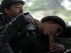 Bonnie Rotten and Brad Armstrong a nice time fucking on a bus. Busty tattooed bitch dressed in black sucks horny dudes hard dick and then gets her dripping wet vagina stuffed.