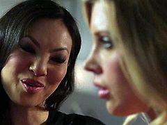 Long haired charming blonde Samantha Saint bares her sexy breasts in front lovely asian woman Asa Akira to seduce her. They have nice lesbian sex in the semi-dark of the room.