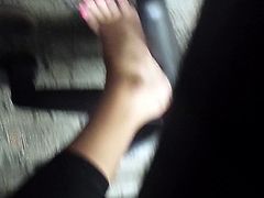College girl cute feet in class pink toes