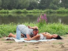 Romantic boyfriend  licks fresh teens pussy near the lake