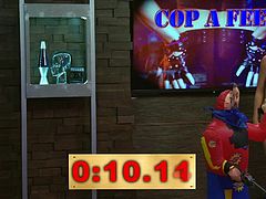 The Playboy Morning Show was interviewing a woman, who fended off an attacker, using the self defense skills. Apparently, there was an interesting story, because they made up a game based on that. Two hotties dressed like cops had to run through a course and take out a fake attacker. Funny!